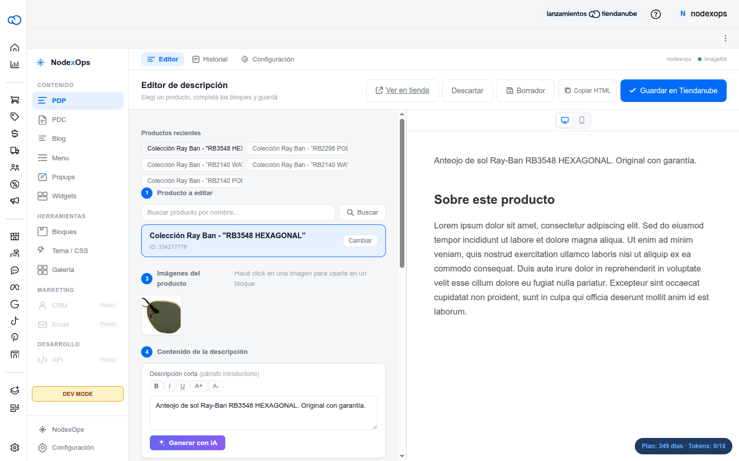 Bloque expandido mostrando campos de edición