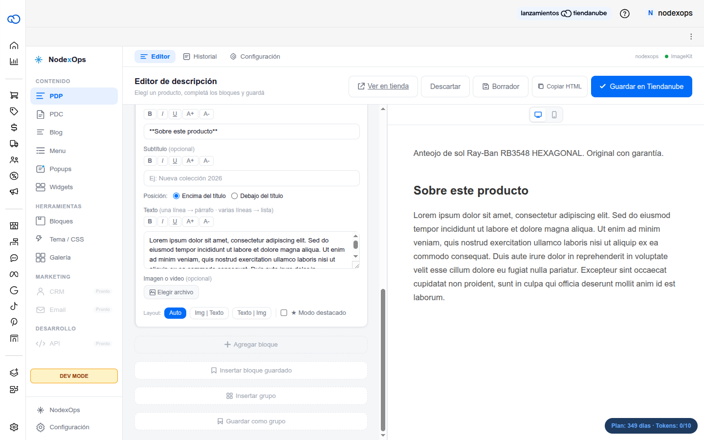 Campo de descripción corta en el editor PDP