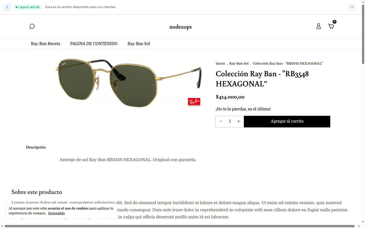Producto publicado con descripción de bloques en la tienda