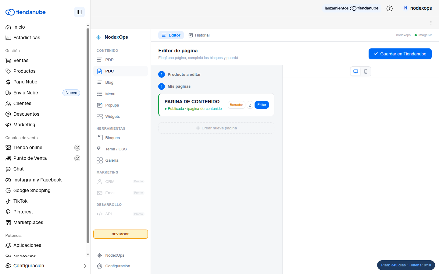 Módulo PDC — Páginas de Contenido en el panel de NodeXOps